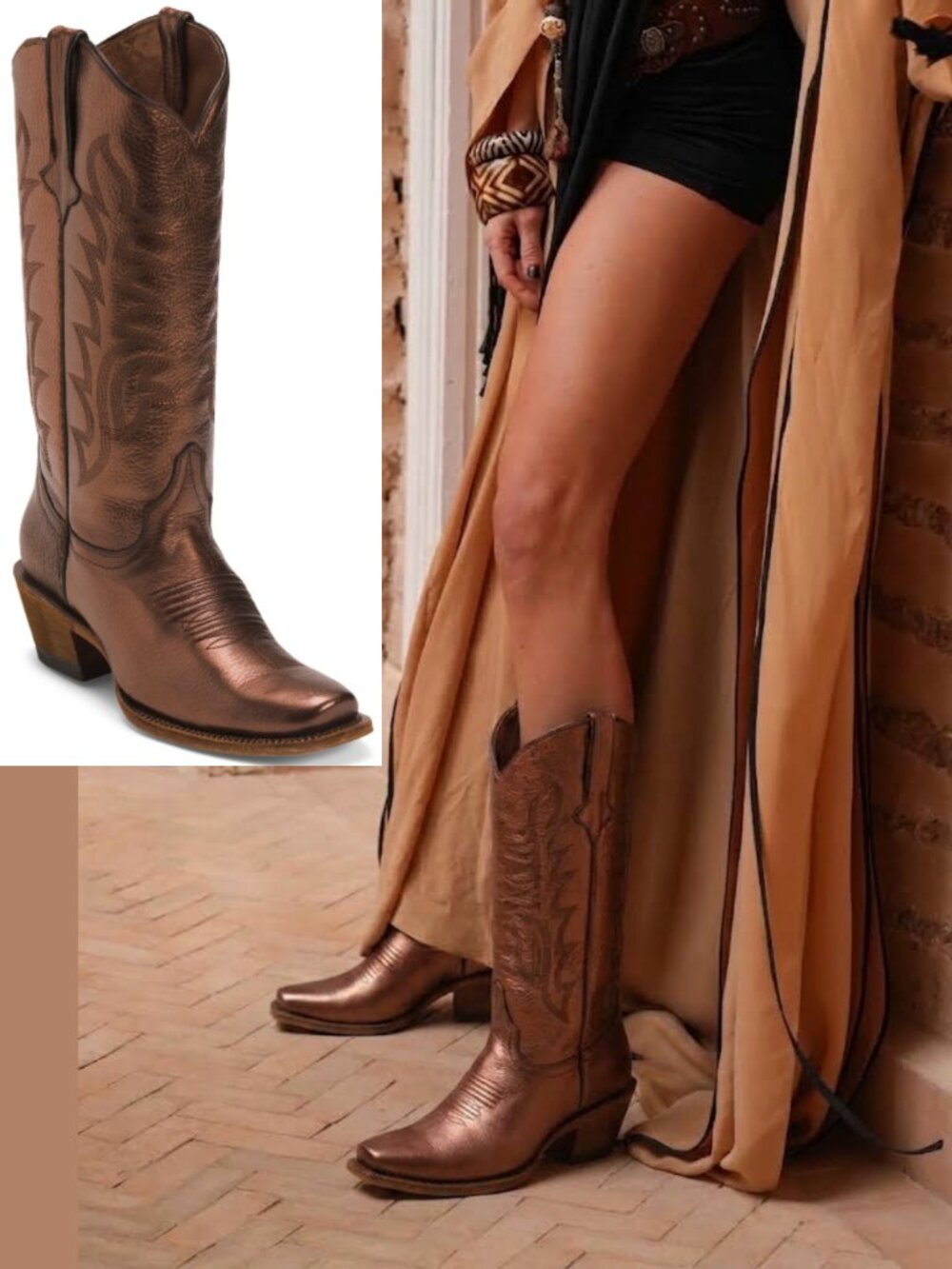 Tanner Mark Bronze Metallic Leather Snip Toe Western Cowboy Boots